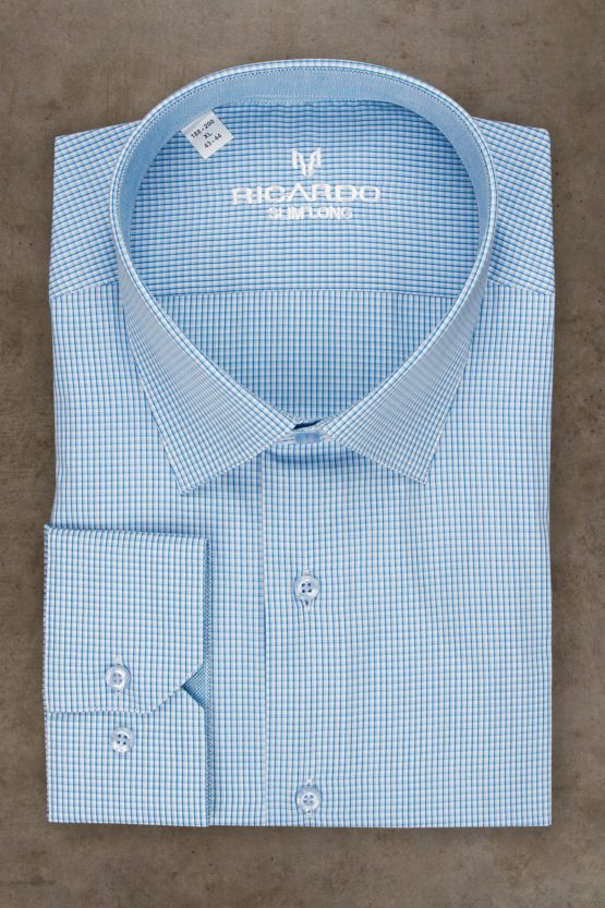 Рубашка белая в голубую клетку приталенная на высокий рост Рубашки