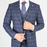 Костюм-тройка синего цвета в невыраженную серую клетку Каталог