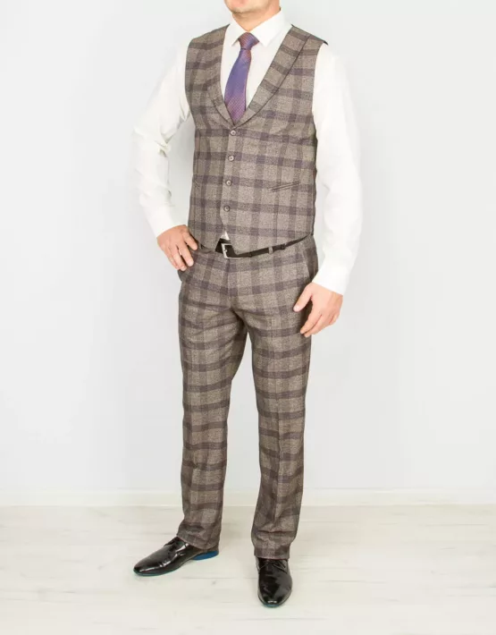 Костюм-тройка песочного цвета в фиолетовую клетку Каталог