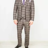 Костюм-тройка песочного цвета в фиолетовую клетку Каталог