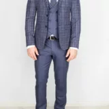 Костюм-тройка серо-голубого цвета в ярко-белую клетку Каталог