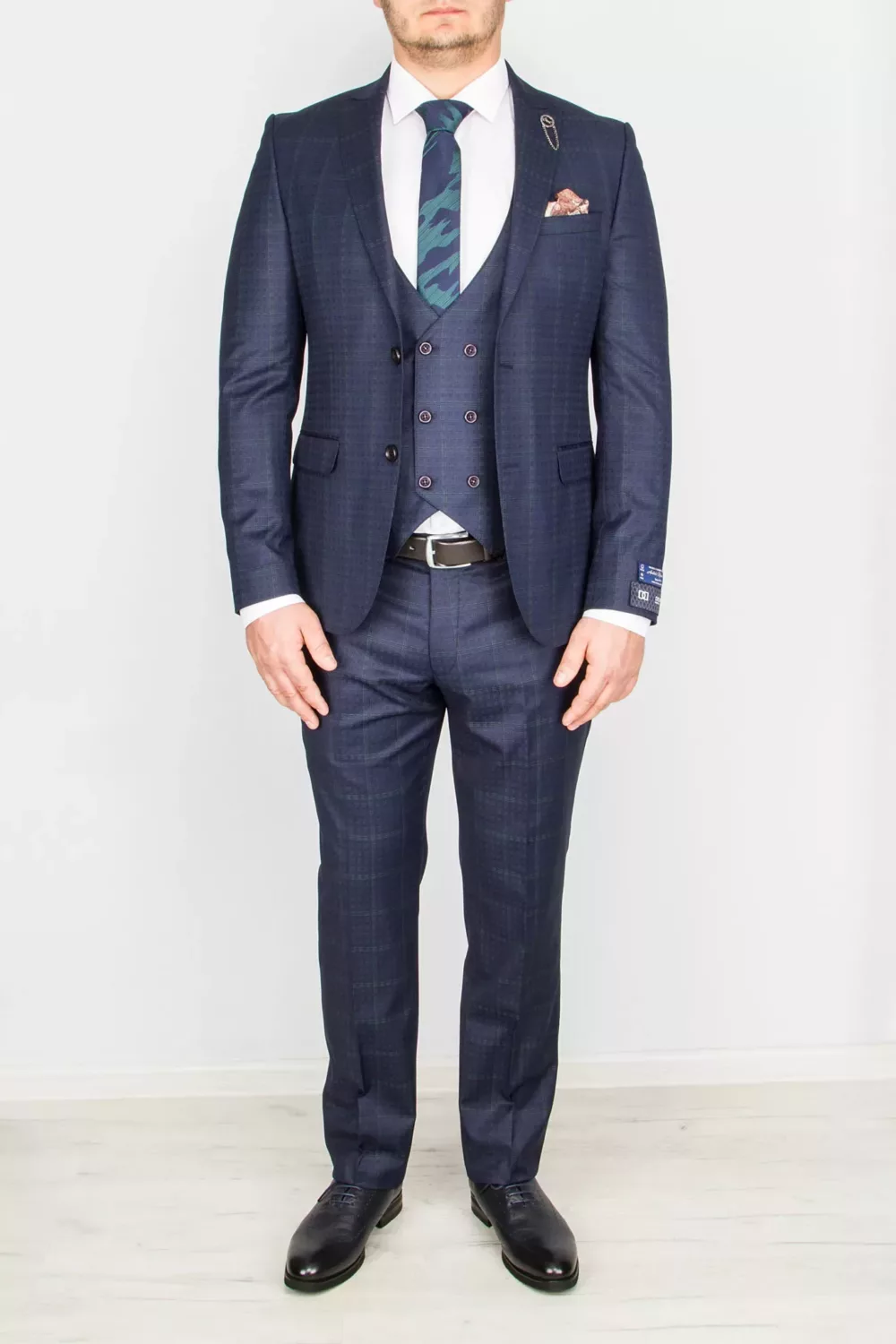 113 Костюм синего цвета в неяркую изумрудную клетку Каталог