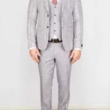 Костюм-тройка серого цвета в бледно-сиреневую клетку Вечерние мужские костюмы