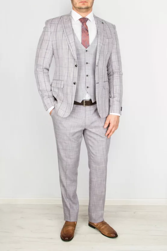 Костюм-тройка серого цвета в бледно-сиреневую клетку Вечерние мужские костюмы