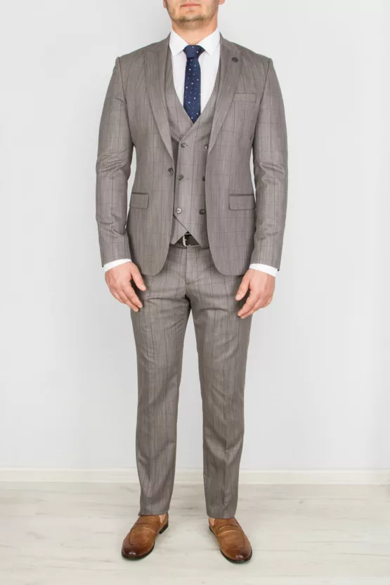 Костюм-тройка песочного цвета в тонкую клетку Брючные мужские костюмы