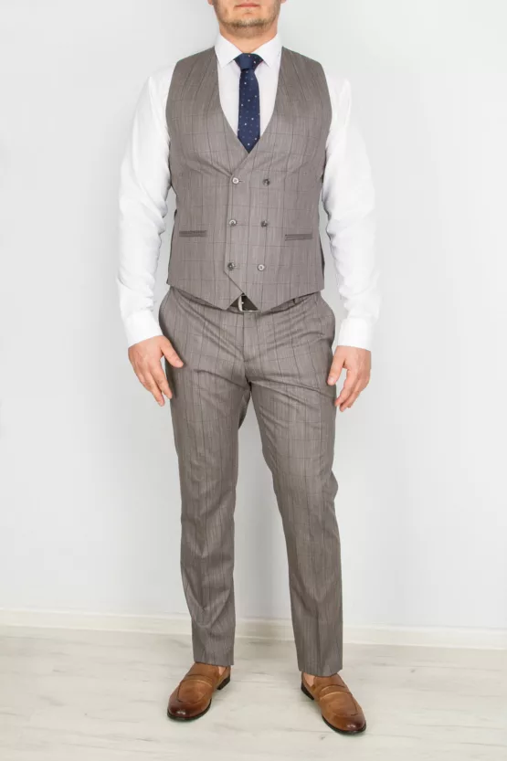 Костюм-тройка песочного цвета в тонкую клетку Брючные мужские костюмы