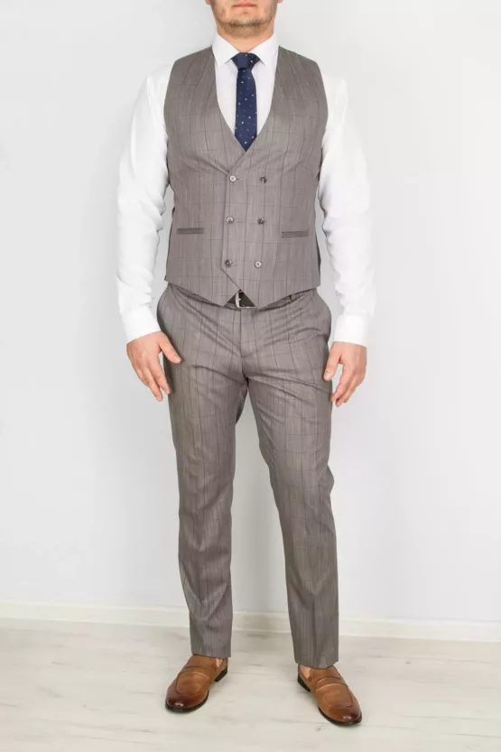 Костюм-тройка песочного цвета в тонкую клетку Брючные мужские костюмы