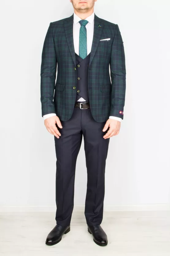Костюм-тройка синего цвета в зеленую клетку Каталог