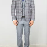 Костюм-тройка серого цвета с комбинированным клеточным пиджаком Каталог