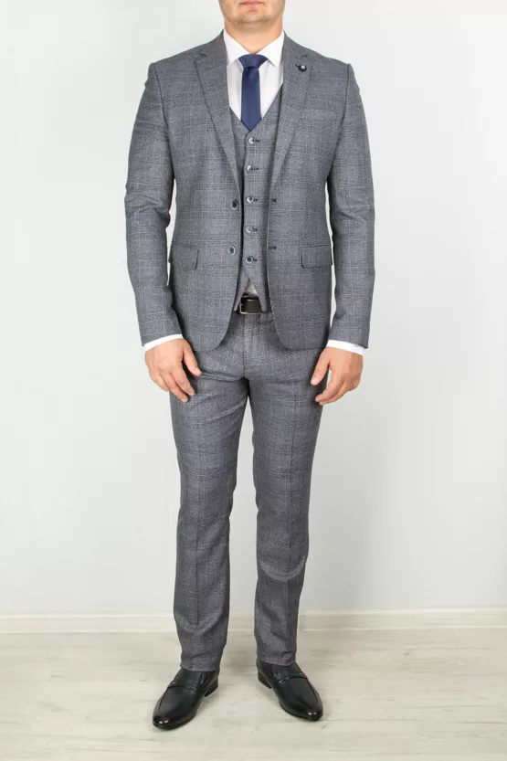 Костюм-тройка в клетку серого цвета Брючные мужские костюмы