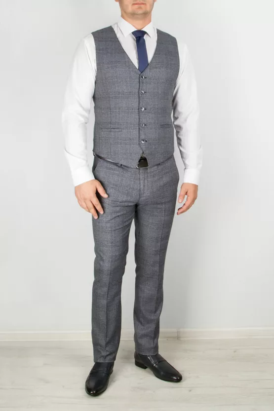 Костюм-тройка в клетку серого цвета Брючные мужские костюмы
