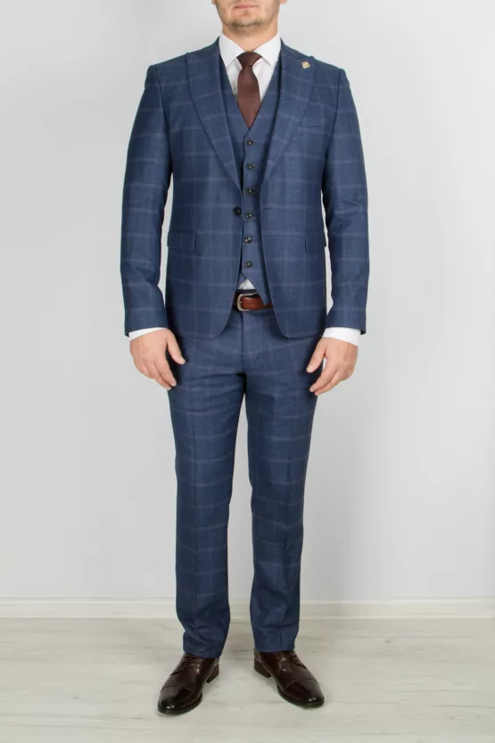 Костюм-тройка синего цвета в клетку Каталог