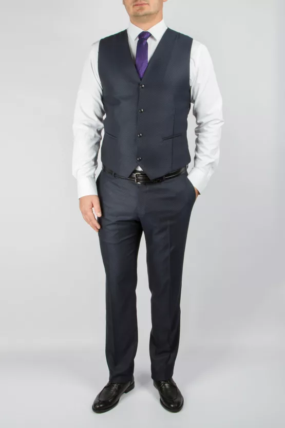 Приталенный костюм-тройка темно-синего цвета Каталог