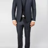 Приталенный костюм-тройка темно-синего цвета Каталог
