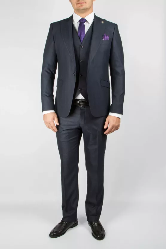Приталенный костюм-тройка темно-синего цвета Каталог