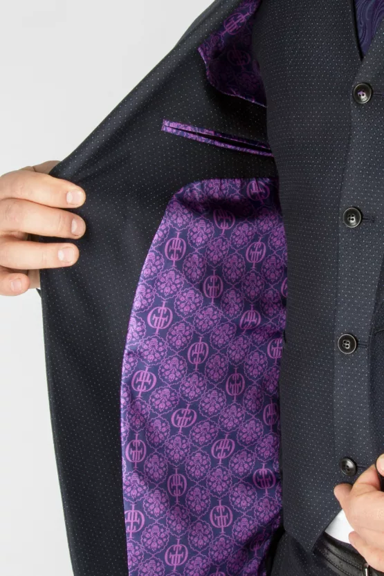 Приталенный костюм-тройка темно-синего цвета Каталог