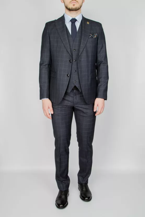 Клетчатый костюм-тройка серого цвета Брючные мужские костюмы