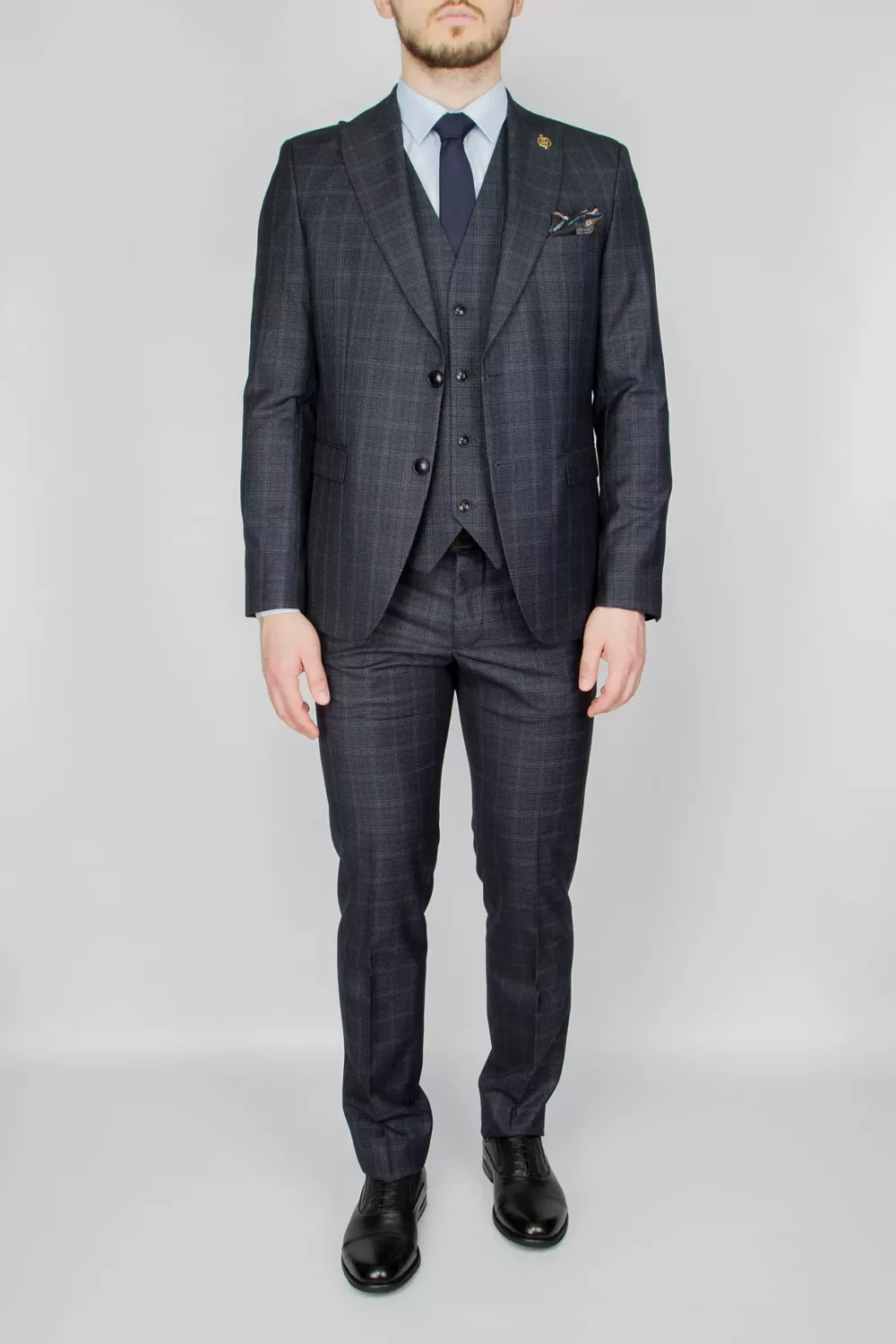 54 Клетчатый костюм-тройка серого цвета Брючные мужские костюмы