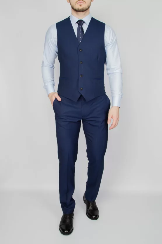 Костюм-тройка синего цвета в тонкую полосу Вечерние мужские костюмы