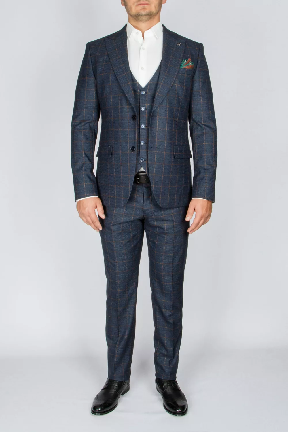 Костюм-тройка темно-синего цвета в оранжевую клетку Вечерние мужские костюмы
