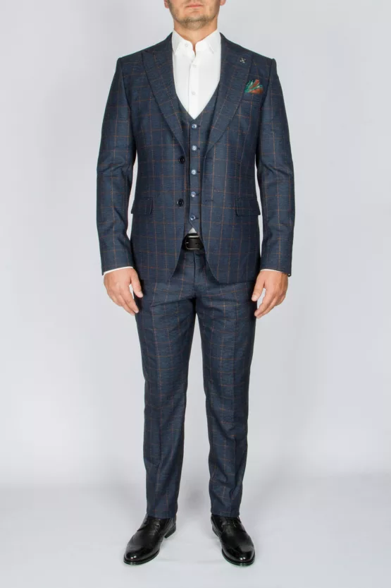 Костюм-тройка темно-синего цвета в оранжевую клетку Вечерние мужские костюмы