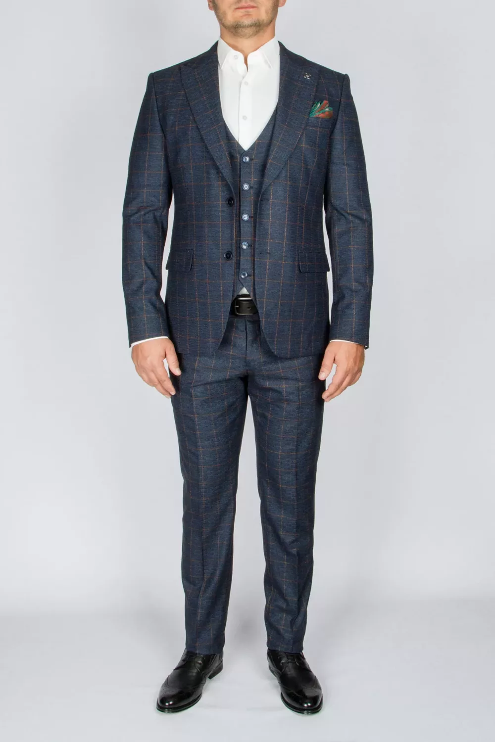 133 Костюм-тройка темно-синего цвета в оранжевую клетку Вечерние мужские костюмы