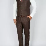 Костюм-тройка шоколадного цвета в голубую клетку Брючные мужские костюмы