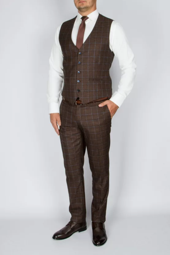 Костюм-тройка шоколадного цвета в голубую клетку Брючные мужские костюмы