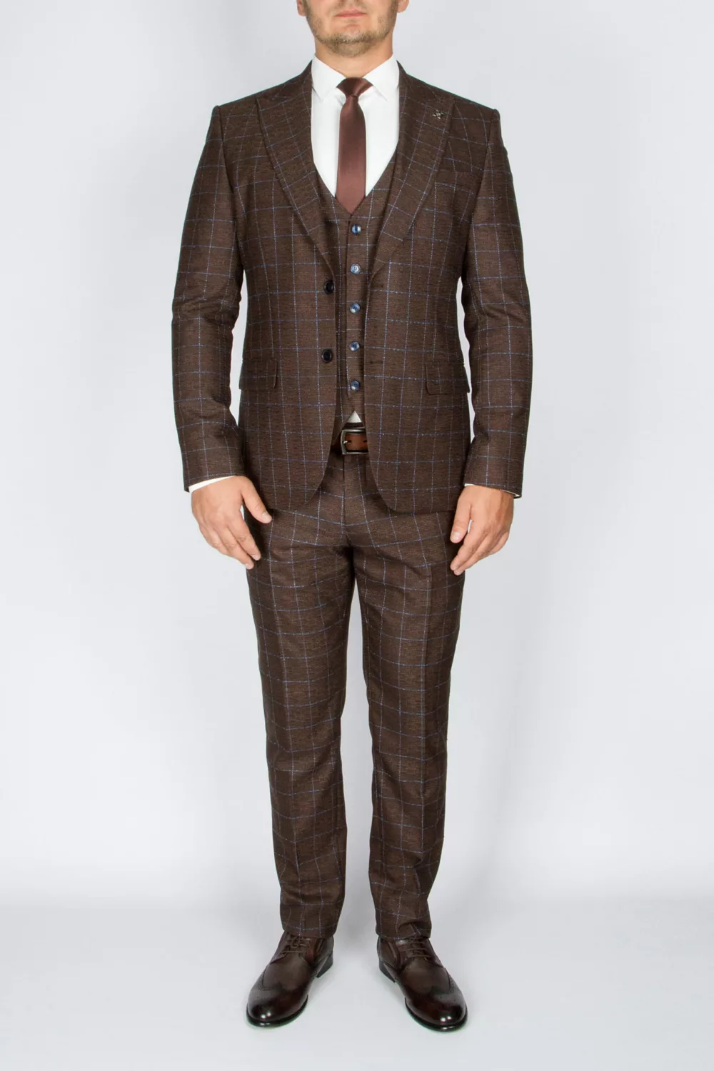 Костюм-тройка шоколадного цвета в голубую клетку Брючные мужские костюмы