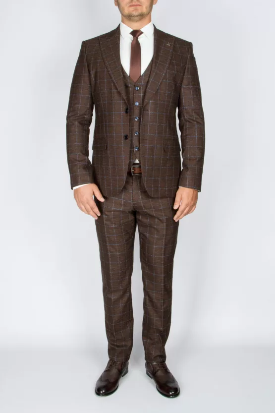 Костюм-тройка шоколадного цвета в голубую клетку Брючные мужские костюмы
