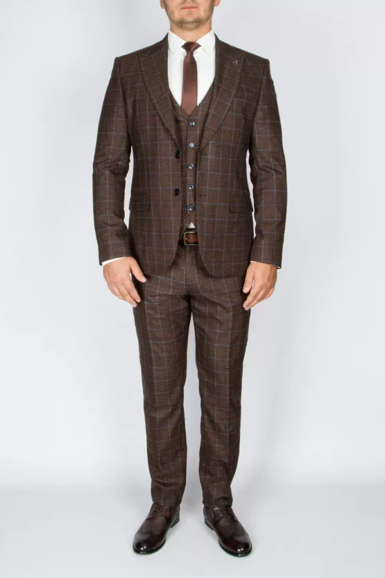 Костюм-тройка шоколадного цвета в голубую клетку Брючные мужские костюмы