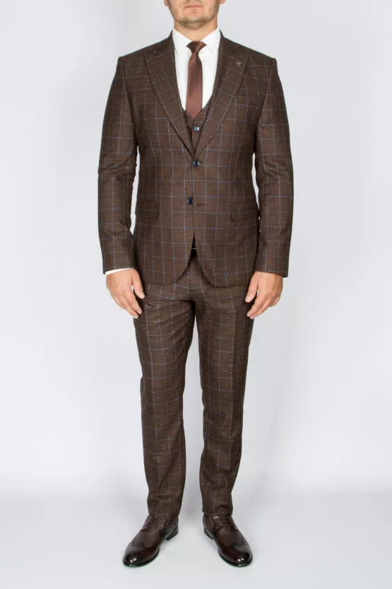 Костюм-тройка шоколадного цвета в голубую клетку Брючные мужские костюмы