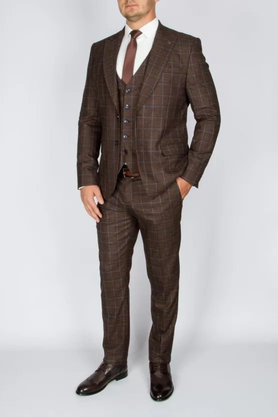 Костюм-тройка шоколадного цвета в голубую клетку Брючные мужские костюмы