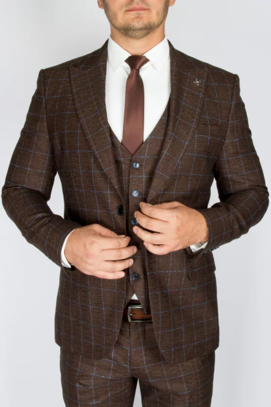 Костюм-тройка шоколадного цвета в голубую клетку Брючные мужские костюмы