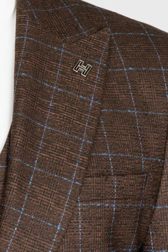 Костюм-тройка шоколадного цвета в голубую клетку Брючные мужские костюмы