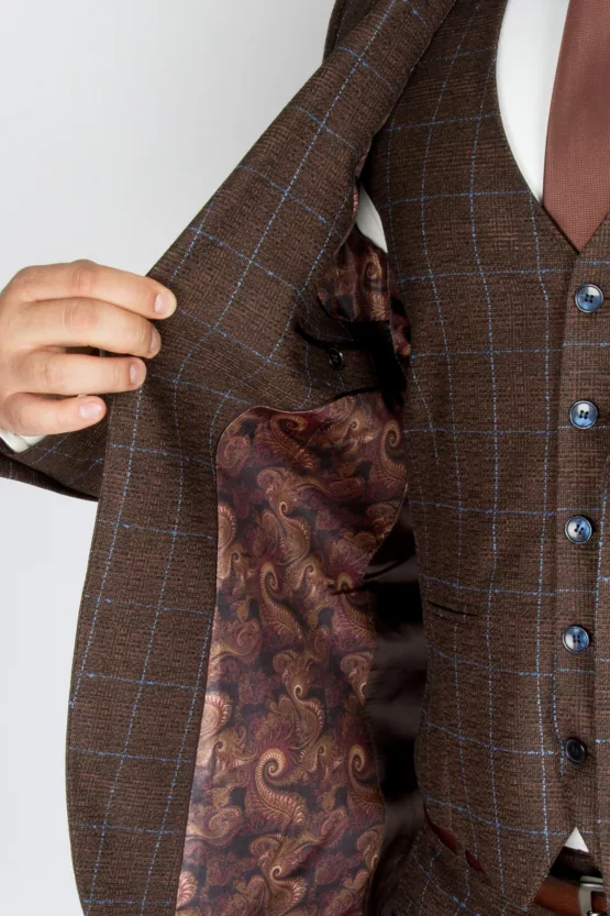 Костюм-тройка шоколадного цвета в голубую клетку Брючные мужские костюмы