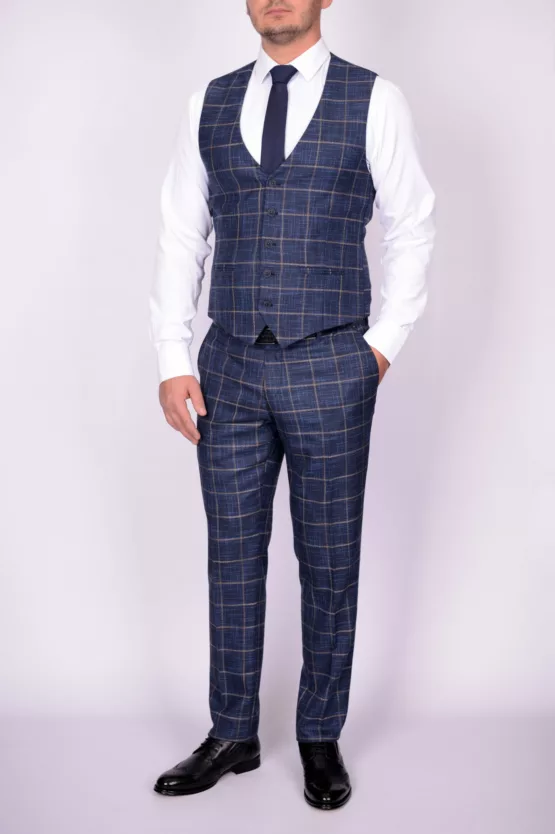 Костюм-тройка синего цвета в крупную клетку Брючные мужские костюмы