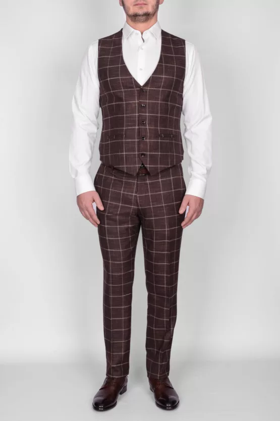 Коричневый костюм-тройка в клетку Брючные мужские костюмы