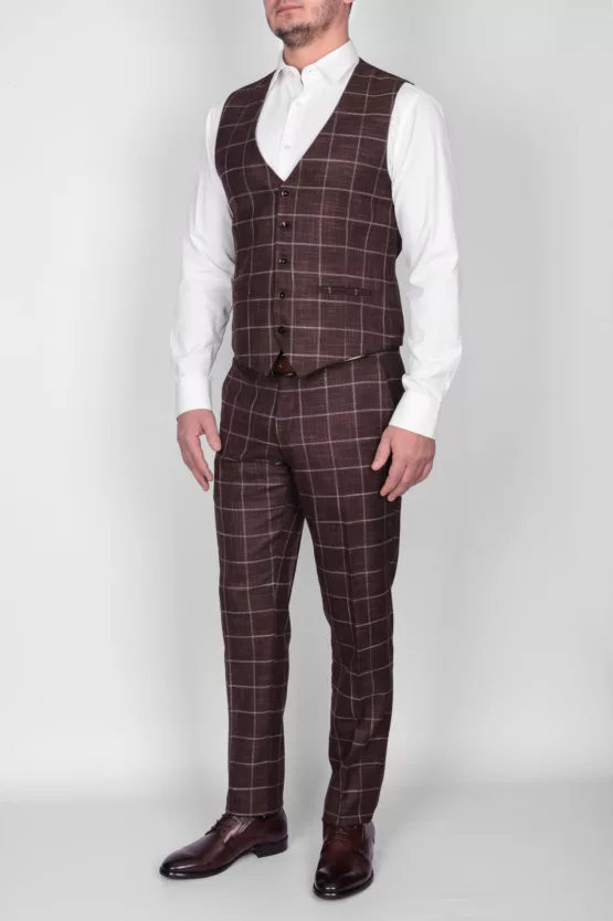 Коричневый костюм-тройка в клетку Брючные мужские костюмы