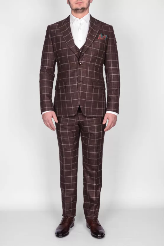 Коричневый костюм-тройка в клетку Брючные мужские костюмы
