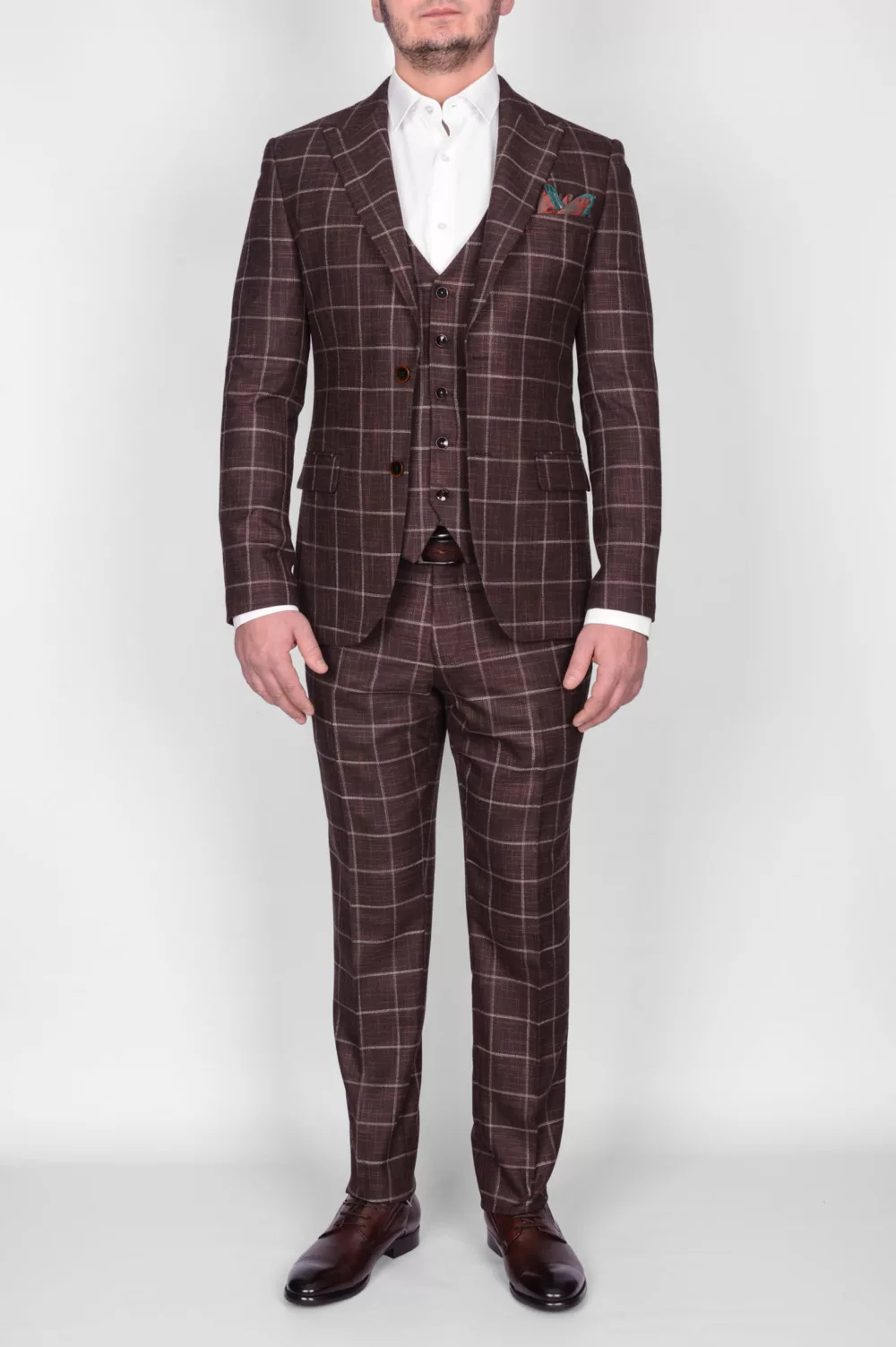 Коричневый костюм-тройка в клетку Брючные мужские костюмы