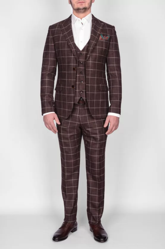 Коричневый костюм-тройка в клетку Брючные мужские костюмы