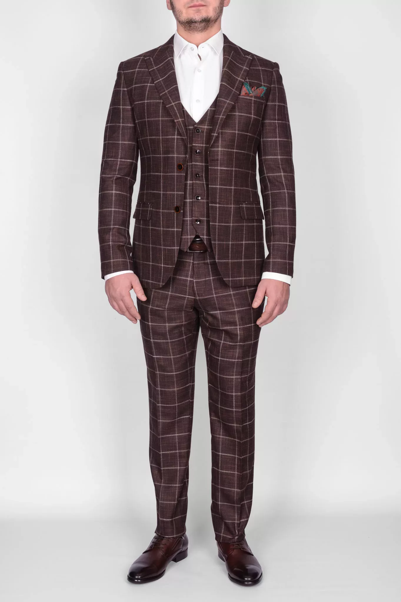 Коричневый костюм-тройка в клетку Брючные мужские костюмы