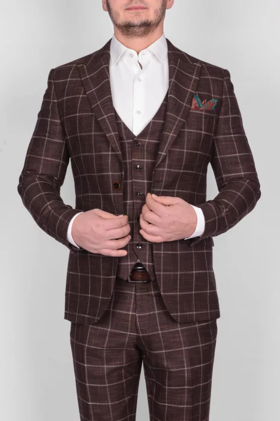 Коричневый костюм-тройка в клетку Брючные мужские костюмы