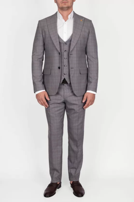 Костюм-тройка бежевого цвета в структурную клетку Вечерние мужские костюмы