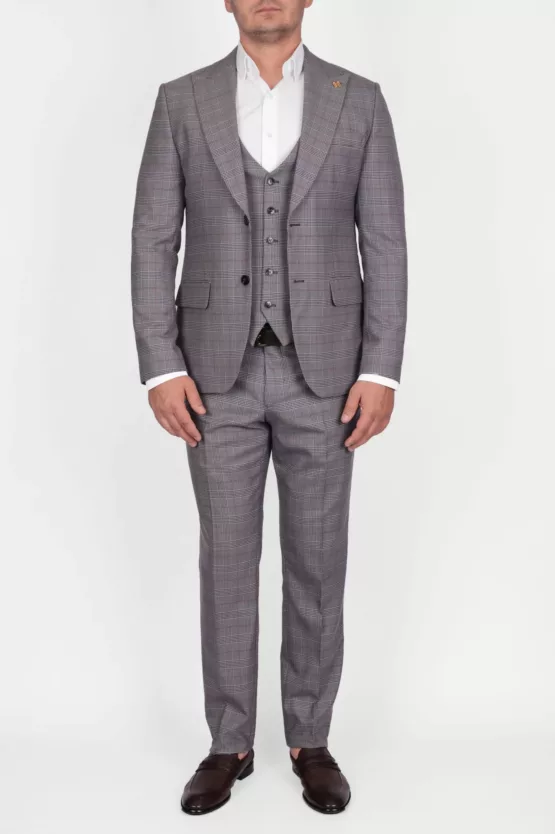 Костюм-тройка бежевого цвета в структурную клетку Вечерние мужские костюмы