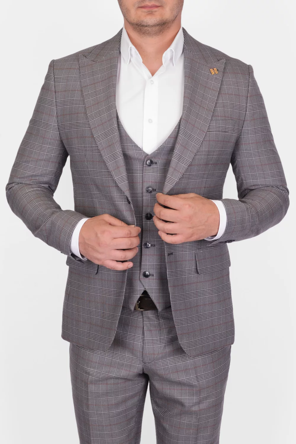 Костюм-тройка бежевого цвета в структурную клетку Вечерние мужские костюмы