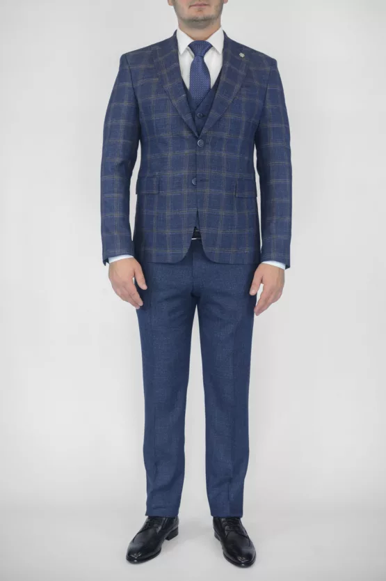 Клетчатый костюм-тройка синего цвета Вечерние мужские костюмы