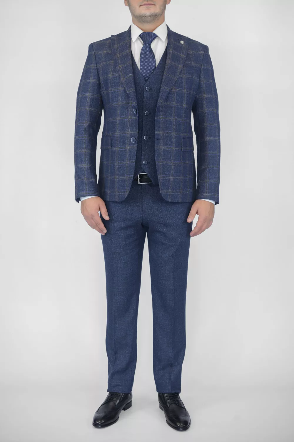 Клетчатый костюм-тройка синего цвета Вечерние мужские костюмы