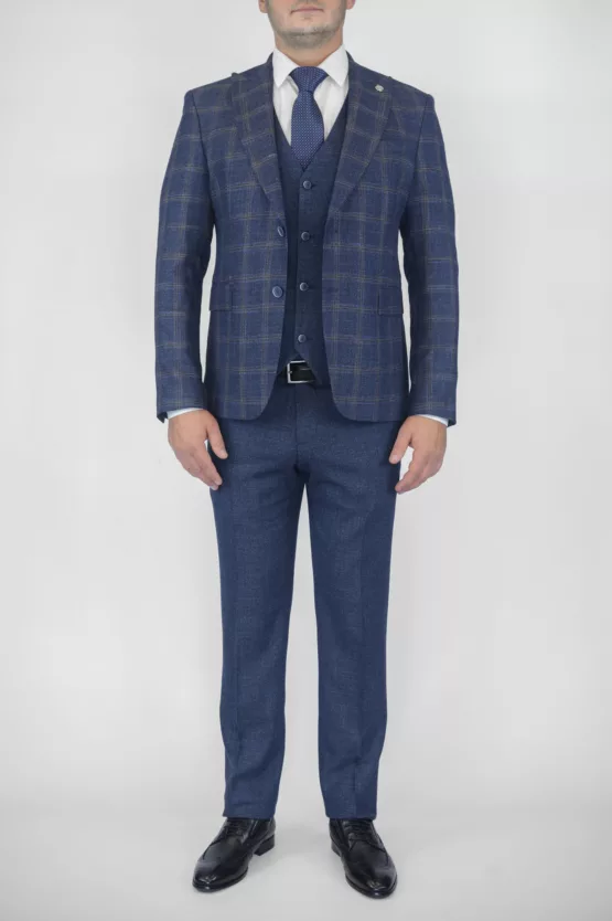 Клетчатый костюм-тройка синего цвета Вечерние мужские костюмы